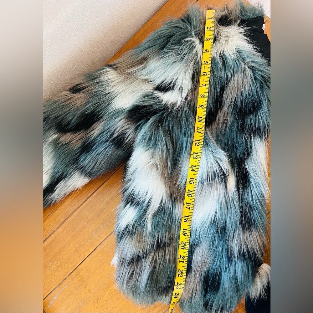 Willow And Clay Faux Fur Coat Teal Gray Multi Color Open Front Jacket Boho - Picture 9 of 12